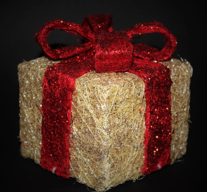 a red and gold gift sitting on top of a pile of hay, inspired by David Ramsay Hay, ultra textured, full - view, foam, much detail