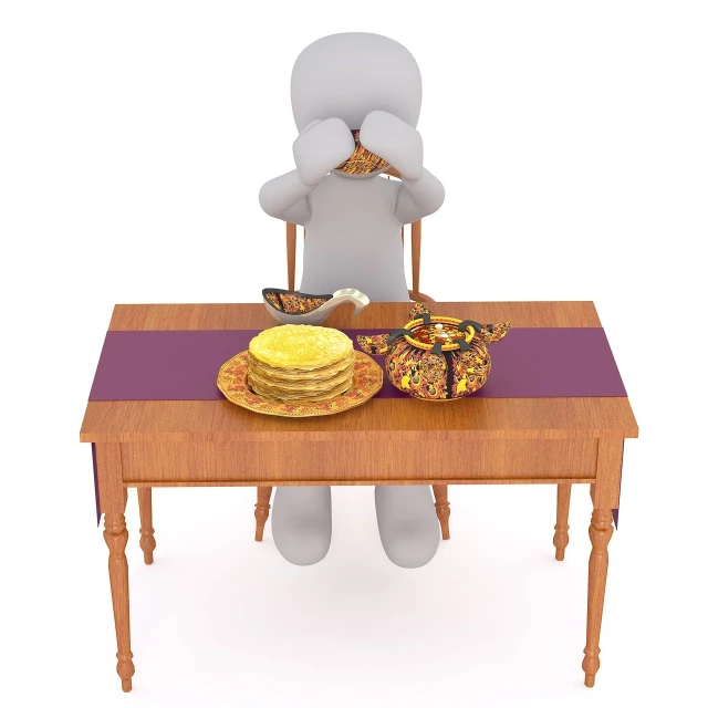 a person sitting at a table with a plate of food, a 3D render, gray anthropomorphic, birthday, pancake flat head, distant photo