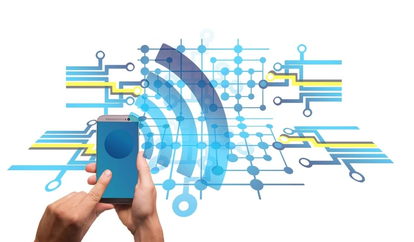 a person holding a smart phone in their hand, an illustration of, shutterstock, wifi icon, connecting lines, diagram, realisitc photo