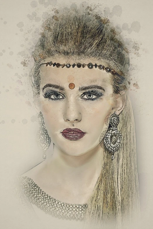 a close up of a woman with long hair, trending on pixabay, fantasy art, wearing an elegant tribal outfit, girl with a pearl earringl, stylized portrait h 704, texturized