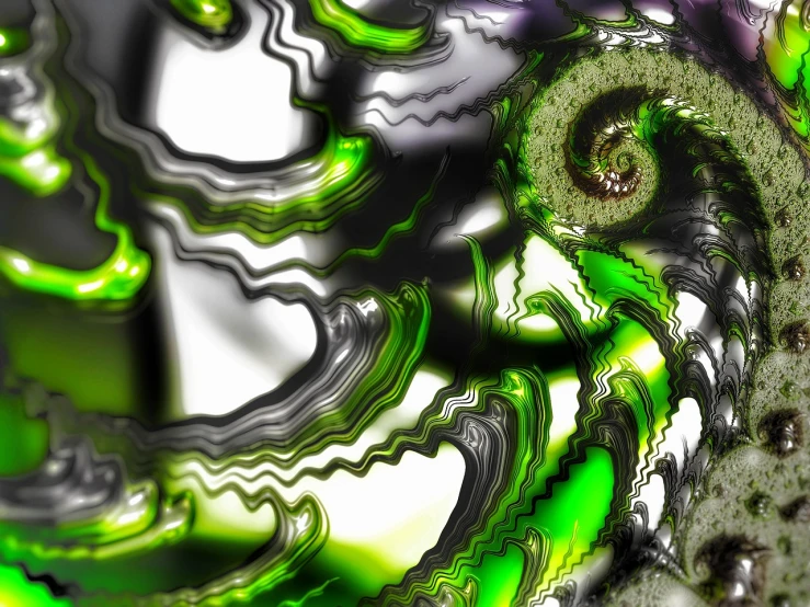 a close up of a green and black painting, a digital rendering, trending on pixabay, generative art, tentacles climb from the portal, glossy surface, white fractals, metallic shiny skin. intricate