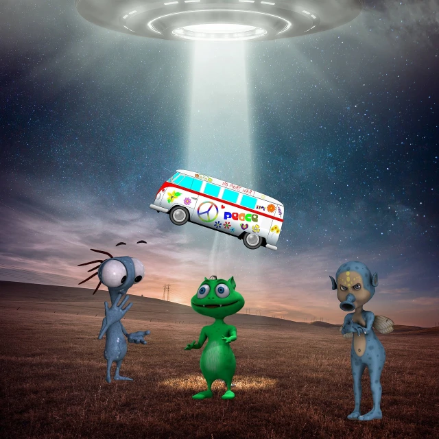 a group of aliens standing in a field next to a bus, inspired by Tim White, conceptual art, alien abduction, pixar zootopia. 3 d rendering, squidward taking an acid trip, high res photo