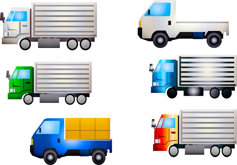 a set of four different colored trucks on a black background, by Oskar Lüthy, clipart icon, bangkok, six packs, blind