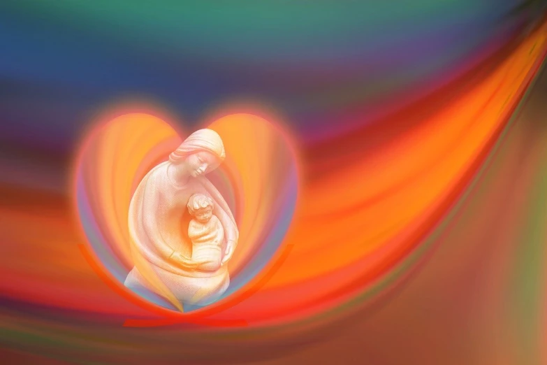 a close up of a flower with a blurry background, a digital rendering, inspired by Anne Geddes, symbolism, with infant jesus, heart, dynamic colorful background, mummy