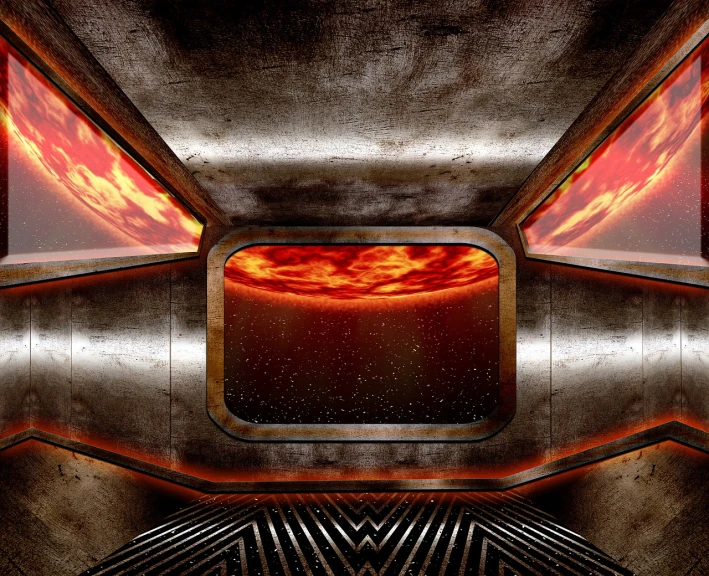 a view of the inside of a space station, digital art, by Wayne England, space art, on background red lake on fire, spaceship hull texture, metal framed portal, closeup photo