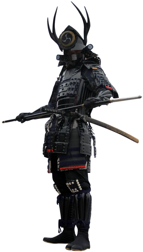 a close up of a person in a samurai costume, a digital rendering, inspired by Kanō Hōgai, trending on zbrush central, sōsaku hanga, black armored uniform, full body photograph, wearing tactical gear, various posed