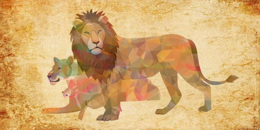 a couple of lions standing next to each other, vector art, inspired by Leo Leuppi, shutterstock, cubism, beautiful iphone wallpaper, lamb and goat fused as one, chronicles of narnia, low - poly aliased