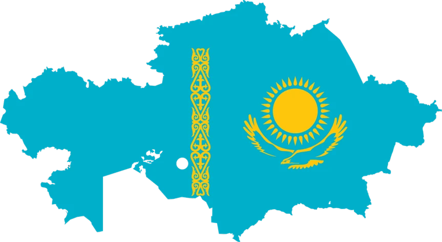 a map with the flag of kazakhstan, a photo, pixabay, hurufiyya, 3 2 x 3 2, turquoise, an art nouveau, looking partly to the left