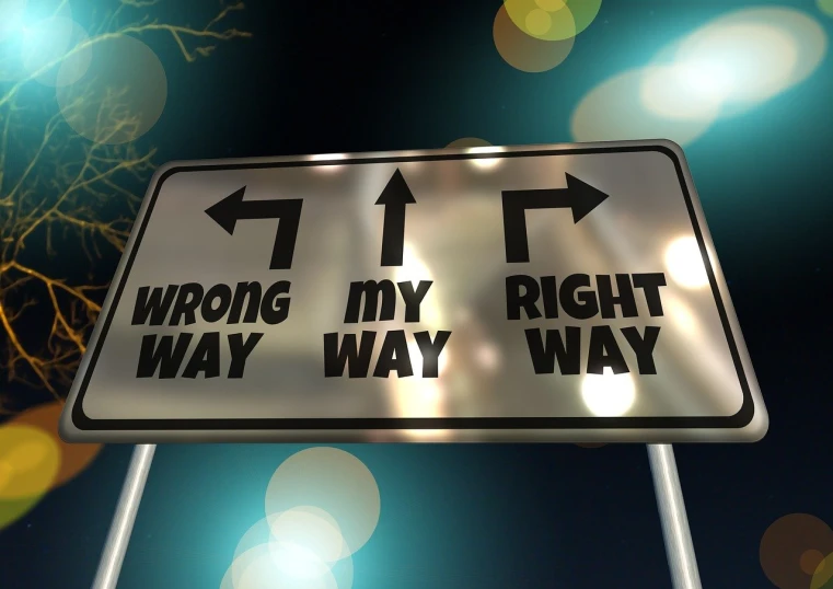 a close up of a street sign with lights in the background, concept art, pixabay, precisionism, the right from wrong, left right front back, worry, depicted as a 3 d render
