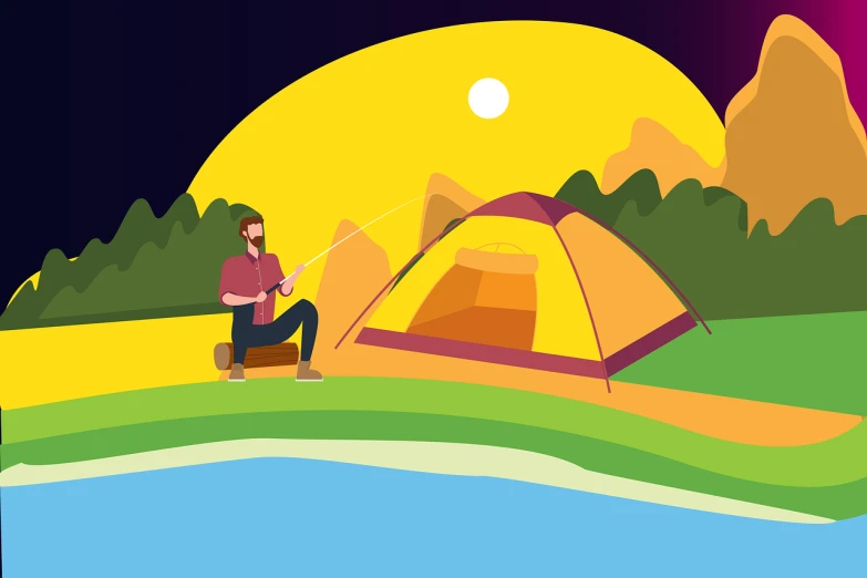 a man sitting in front of a tent next to a lake, an illustration of, dark flat color background, having fun, people angling at the edge, in a colorful tent