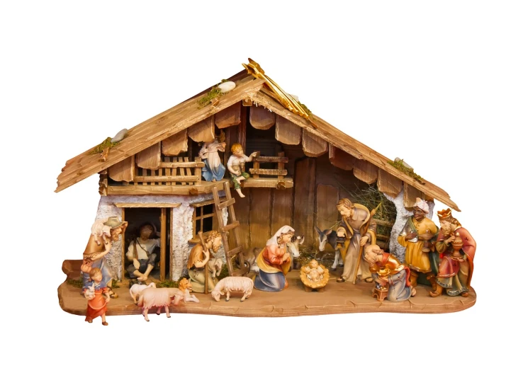 a nativity figurine depicting the birth of jesus, a picture, by Adolf Born, shutterstock, front side view full sheet, complete house, set pieces, ultra - wide view