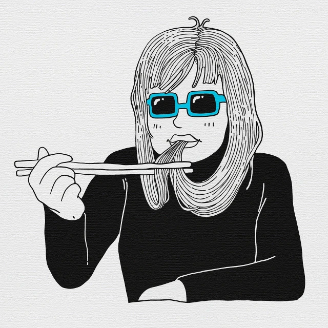 a drawing of a woman eating noodles with chopsticks, vector art, tumblr, pop art, with black eyeglasses, art style of junji ito, high detail illustration, dieter rams