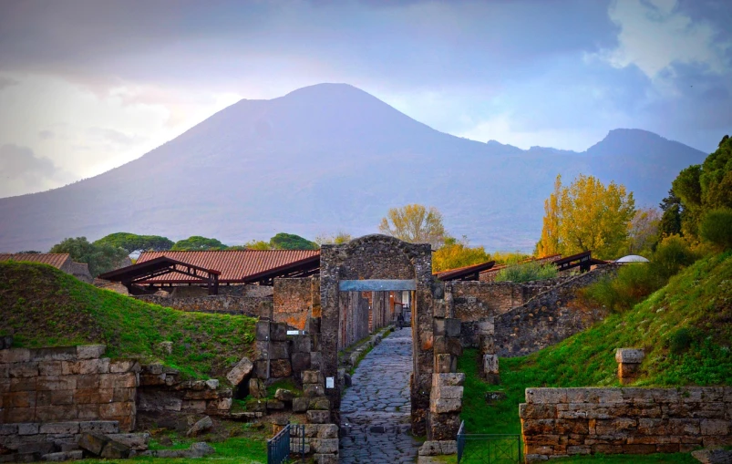 the ruins of the ancient city of pompeii with a mountain in the background, a portrait, by Tom Wänerstrand, pixabay, gate, rain lit, terminal, fitness