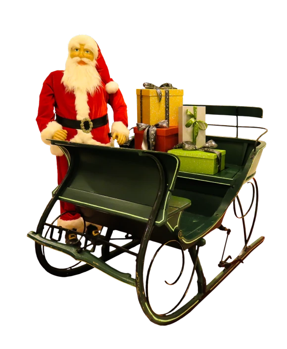 a santa clause standing next to a sleigh filled with presents, a colorized photo, by Susan Heidi, shutterstock, on black background, stock photo