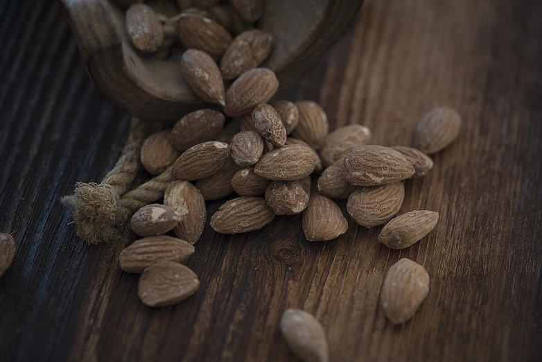 a wooden spoon filled with nuts on top of a wooden table, a picture, renaissance, background image, alessio albi, brown almond-shaped eyes, close-up product photo