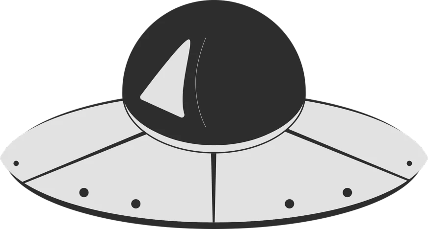 a black and white image of a space ship, a cartoon, inspired by Herbert Bayer, deviantart, computer art, black pointed hat, logo without text, fulldome, among us video game