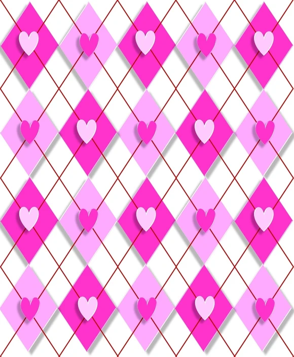 a pink and white checkered pattern with hearts, a digital rendering, inspired by Peter Alexander Hay, diamond, strings background, cute woman, flat