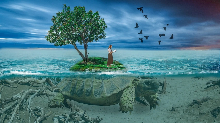 a man standing on top of an island next to a turtle, a picture, inspired by Johfra Bosschart, surrealism, nature goddess, photoshop water art, turtles all the way down, standing on a lotus