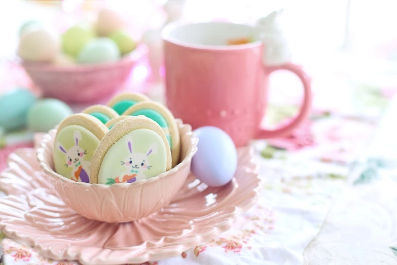 a bowl filled with cookies sitting on top of a table, a pastel, by Rhea Carmi, pexels, bunny, 🐝👗👾, beautiful setting, beautifully painted