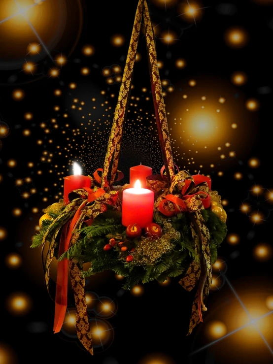 a lit candle sitting on top of a christmas wreath, a photo, digital art, chandelier, harness, golden embers flying, trio