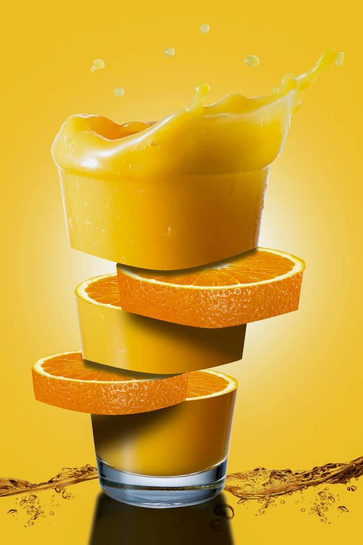 orange slices falling into a glass of orange juice, concept art, inspired by Mike Winkelmann, 3 d product render, poster for'unlimited juice ', made of cheese, fruitcore