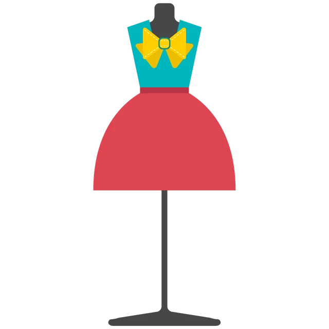 a dress on a mannequin with a star on it, concept art, inspired by Antônio Parreiras, trending on pixabay, turquoise pink and yellow, the bird is wearing a bowtie, in icon style, with a red skirt