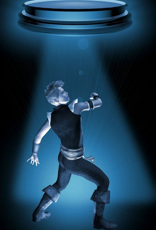 a man that is in the air with a frisbee, a digital rendering, digital art, dramatic blue lighting, fully body photo, powerful male tin man, flash photo