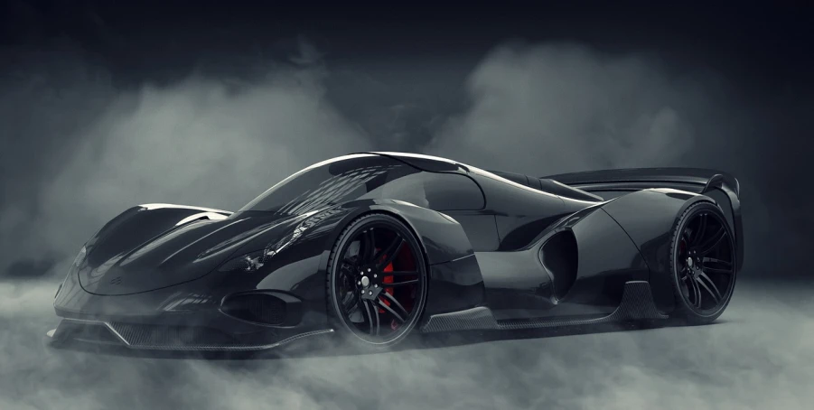 a black sports car sitting on top of a fog covered ground, zbrush central contest winner, conceptual art, ferrari, aerodynamic design, desktop background, veneno