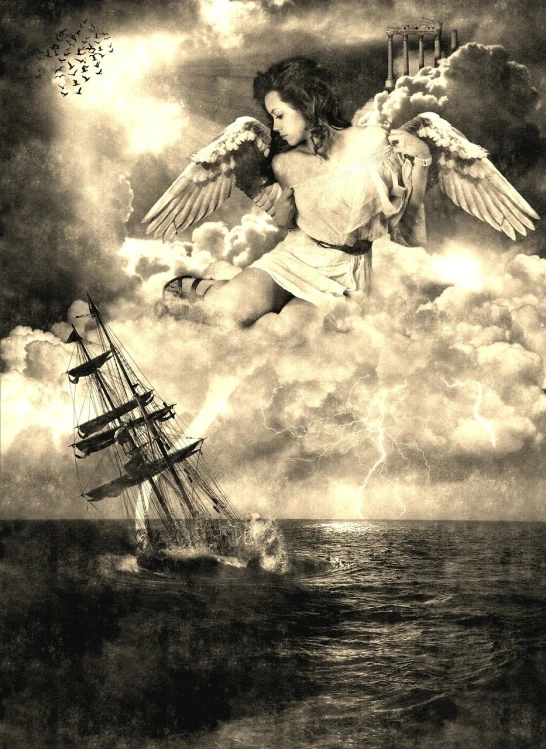 a black and white photo of an angel flying over a ship, a digital rendering, romanticism, photoshop collage, thunderous, angel protecting woman, photograph”