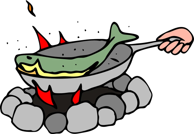 a person holding a frying pan over a fire with a fish on it, an illustration of, by Tom Carapic, pixabay, shark, wikihow illustration, ms paint drawing, ready to eat