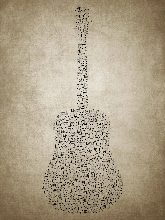 a guitar made up of musical notes, by Norman Lewis, shutterstock, conceptual art, vintage poster style, concrete poetry, vertical wallpaper, on a pale background