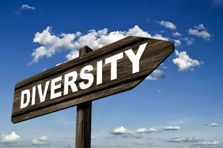 a wooden sign with the word diversity on it, shutterstock, clear sky above, black & white, university, colorful signs