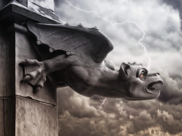 a close up of a statue of a dragon on a building, digital art, inspired by Franz Sedlacek, creepy lightning, weather photography, toothless, lord of change