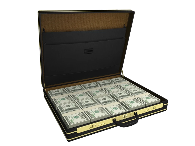 a briefcase filled with lots of money sitting on top of a table, a digital rendering, on black background, commercial photo, realisitc photo