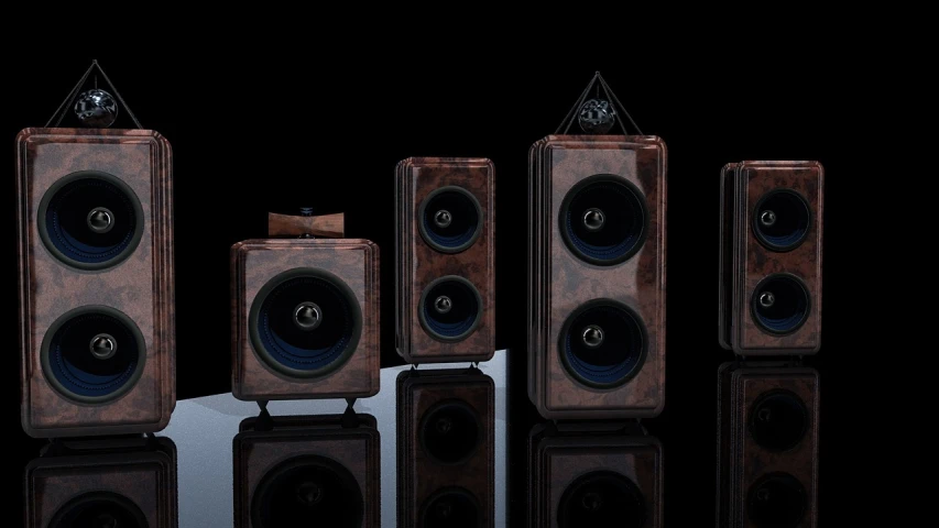 a group of speakers sitting next to each other, by Juan O'Gorman, cg society contest winner, renaissance, cursed baroque with ebony inlay, dark-toned product photos, blues, equirectangular