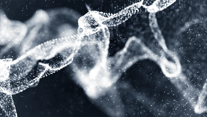 a black and white photo of a strand of dna, digital art, by Adam Marczyński, shutterstock, digital art, in volumetric soft glowing mist, subject made of white mesh rope, particles are flying, detail shot