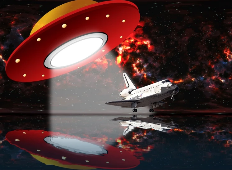 a space shuttle taking off from a space station, by Jon Coffelt, pixabay contest winner, space art, on background red lake on fire, unpublished photo of ufo, portal to another dimension, tourist photo