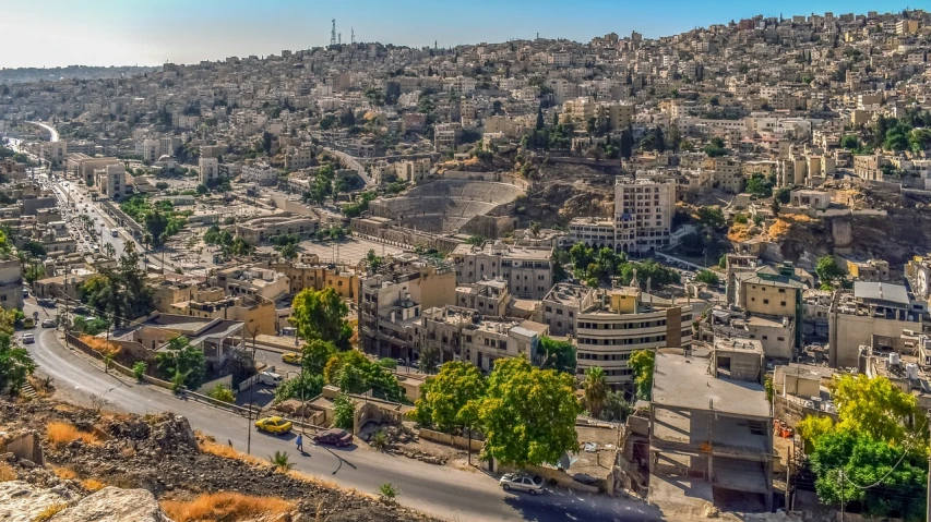 a view of a city from the top of a hill, shutterstock, dau-al-set, jordan, tonemapping, semi-transparent, mid - 3 0 s