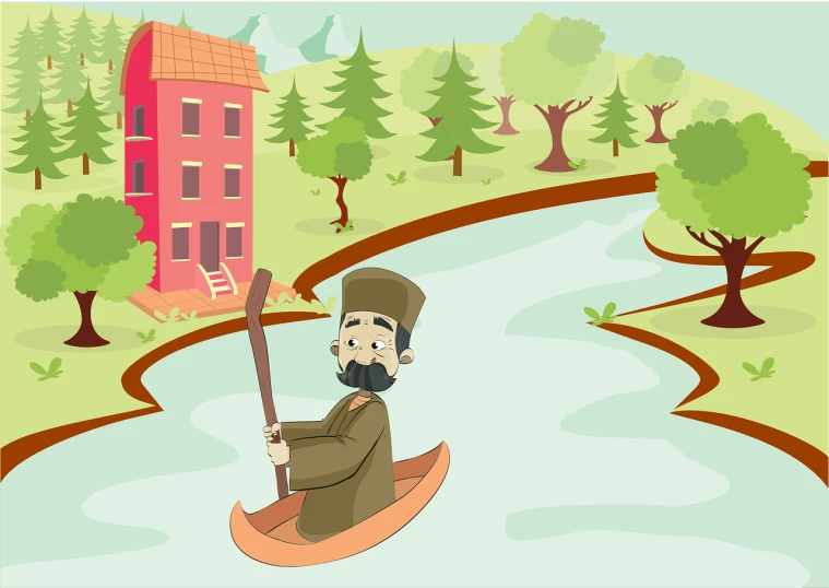 a man in a canoe paddling down a river, by Hristofor Zhefarovich, shutterstock, naive art, rounded house and cute character, old gigachad with grey beard, no gradients, discovered photo