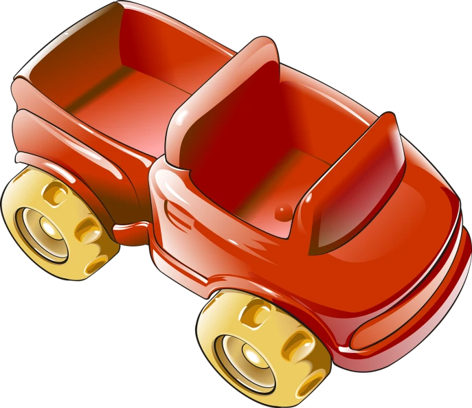 a red toy truck with wheels on a black background, by Toyen, digital art, no gradients, bumper cars, twins, park