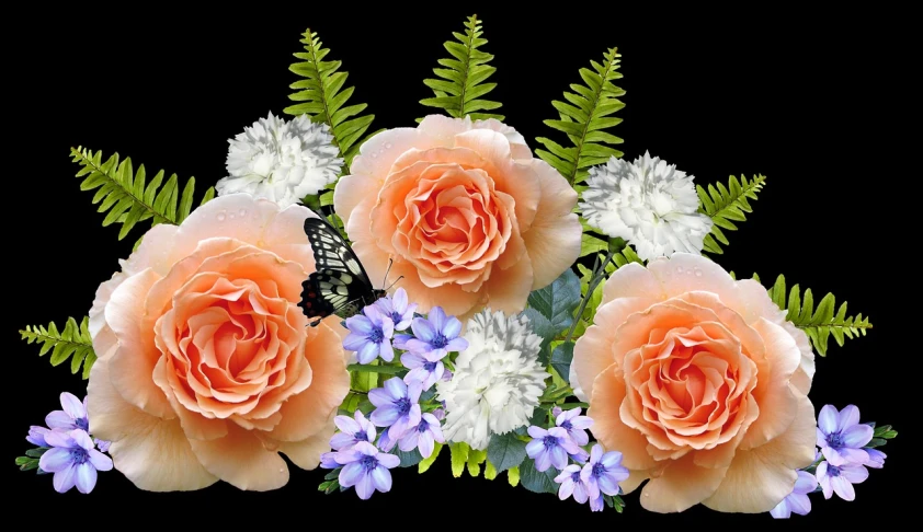 a bouquet of flowers on a black background, a digital rendering, (light orange mist), roses and lush fern flowers, remembrance, blue flowers accents