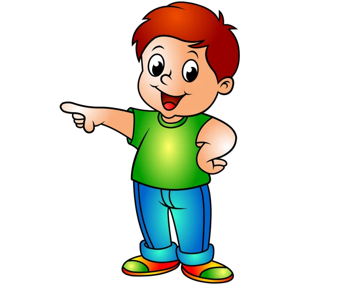 a cartoon boy pointing at something, by Ludovit Fulla, digital art, on black background, very cute and childlike, with red hair and green eyes, happy friend