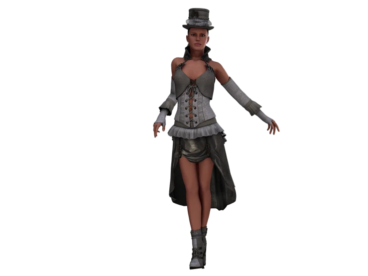 a 3d rendering of a woman in a dress and top hat, inspired by senior character artist, wearing a camisole and boots, metal garments, subsurface scattering skin, character model