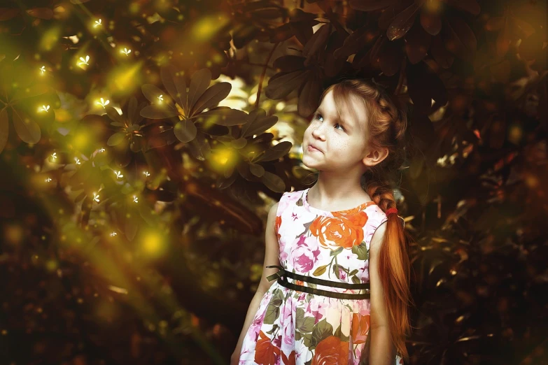 a little girl standing in front of a tree, a picture, by Hristofor Zhefarovich, pexels, digital art, light effect. feminine, pigtails hairstyle, jungle vines and fireflies, cute young redhead girl