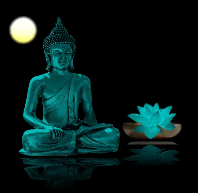 a buddha statue sitting in front of a full moon, a hologram, turquoise, sitting on a lotus flower, bioluminiscent, rendered