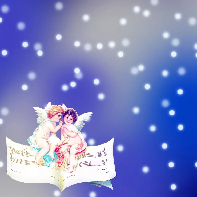 a couple of angels sitting on top of a book, an illustration of, romanticism, dazzling lights, sheet music, colored photo, children illustration