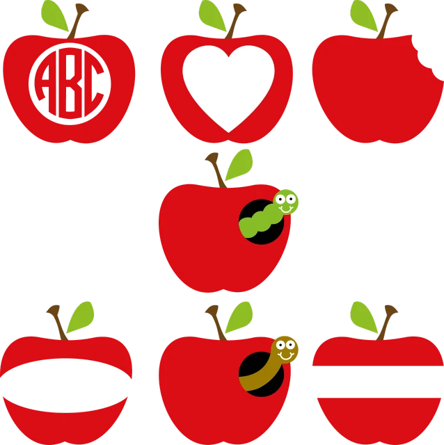 a group of apples with a worm sticking out of them, process art, pictographs, monogram, cuts, red hearts