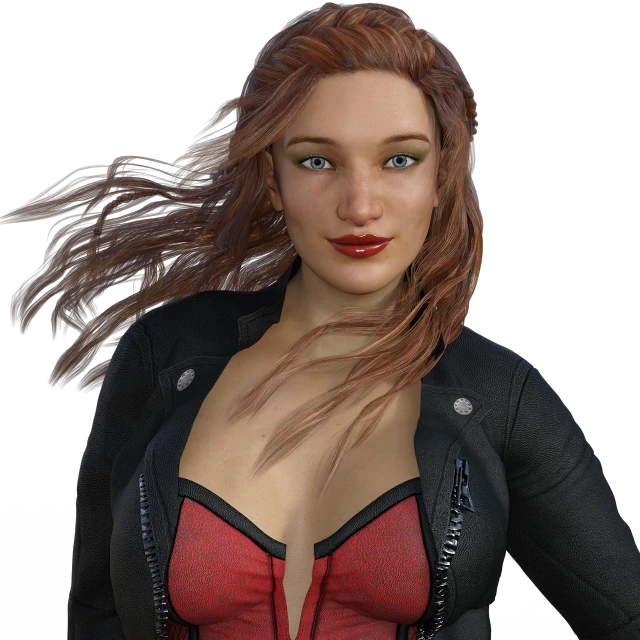 a woman in a red top and black jacket, zbrush central contest winner, dressed in biker leather, maiden with copper hair, 8k octae render photo, sexy face