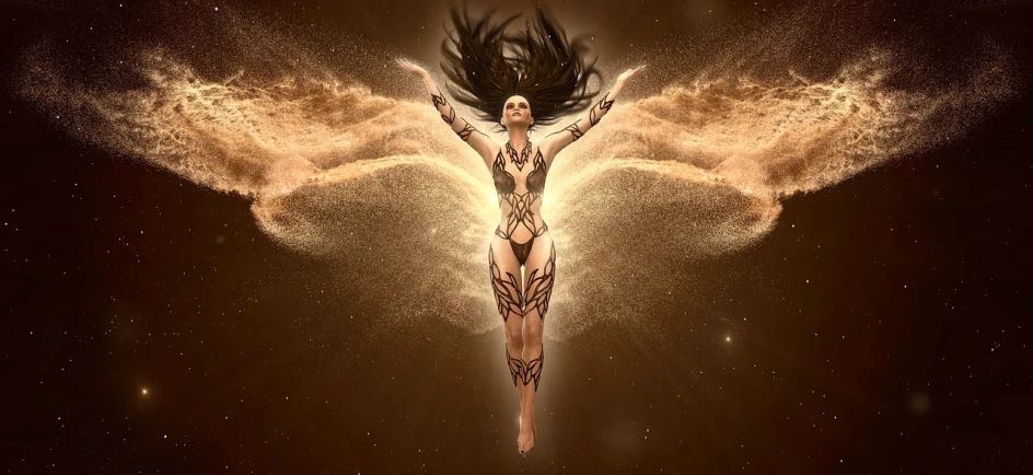 a woman that is flying through the air, digital art, inspired by Igor Morski, fantasy art, gold skin, tron angel, with glowing runes on the body, star born
