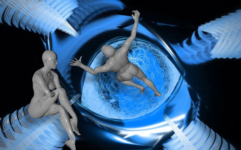 a couple of mannequins sitting next to each other, digital art, by Jon Coffelt, digital art, entering a quantum wormhole, swimming to surface, sitting on top of a cryopod, inside of a black hole
